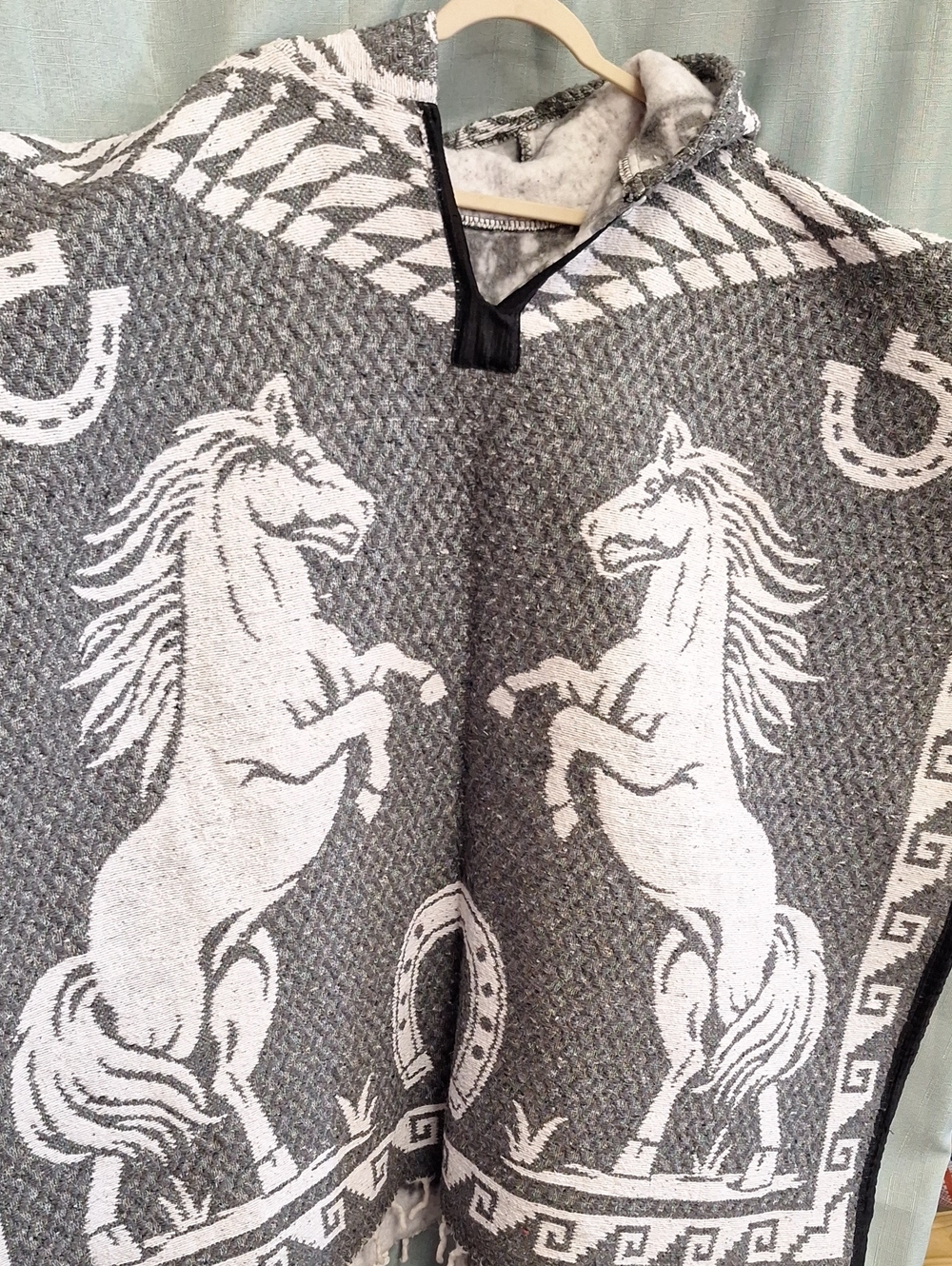 Gray and White Horse Pattern Hooded Sweater Poncho